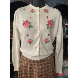 VINTAGE 50's ORLON EMBROIDERED CARDIGAN ROSES PEARLS BEADS RHINESTONES